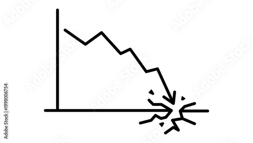 Economic Crisis and Market Crash Editable Stroke Vector Icon. Minimalist black line illustration of a declining financial graph arrow breaking through the floor, representing business failure.