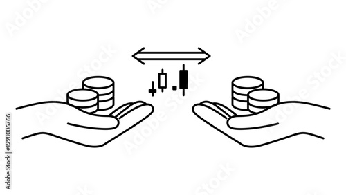 Market Maker Concept Vector Icon Illustration with Editable Stroke. Minimalist Black Line Art of Two Hands Holding Coins with Candlestick Chart and Bidirectional Arrow for Trading and Exchange.