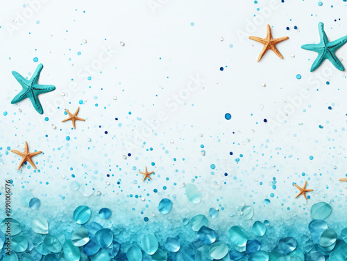 Generous vacation and summer concept star fish banner with watercolor turquoise blue summer flat lay