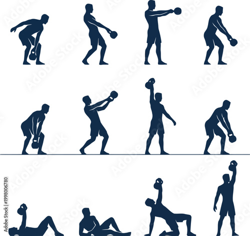Silhouette set of man performing various kettlebell exercises for fitness training and strength workout demonstration
