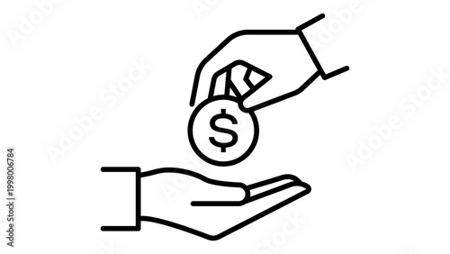 Minimalist black line vector icon of a hand giving a dollar coin to another hand, representing a secondary offering, payment, or donation. Features an editable stroke for easy customization.