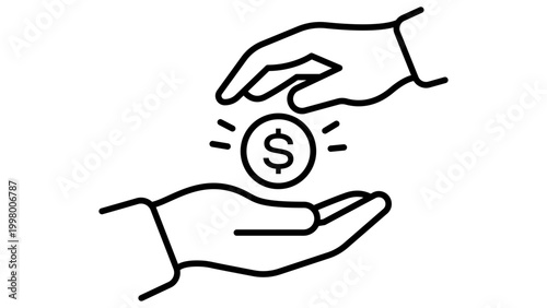 Secondary Offering Minimalist Black Line Vector Icon on White Background Showing a Hand Giving a Dollar Coin to Another Hand, Editable Stroke Illustration for Finance, Charity and Business.