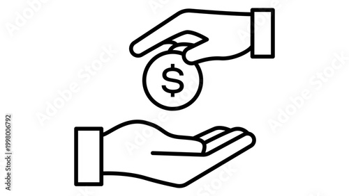 Secondary Offering and Financial Transaction Minimalist Black Line Vector Icon with Editable Stroke; Hand Giving Dollar Coin to Another Hand for Donation, Investment, or Payment Illustration.