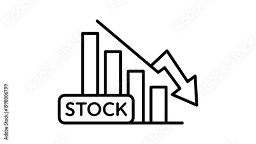 Stock Market Crash and Short Selling Editable Stroke Vector Icon. Minimalist black line illustration of a downward arrow and decreasing bar chart on a white background for finance and business.