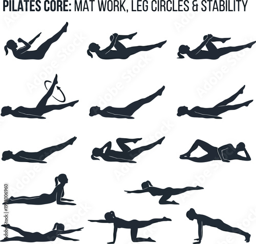Pilates exercise guide showing core mat work movements and fitness workout poses for body stability and strength training in black silhouettes
