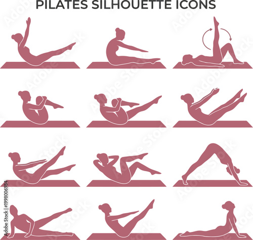 Set of twelve pilates silhouette icons showing essential fitness workout moves and yoga stretching exercises in a flat vector design style
