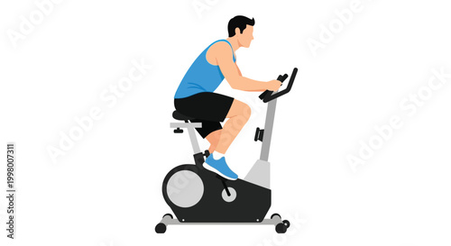 A stylized illustration depicts a man actively engaged in a stationary cycling workout indoors