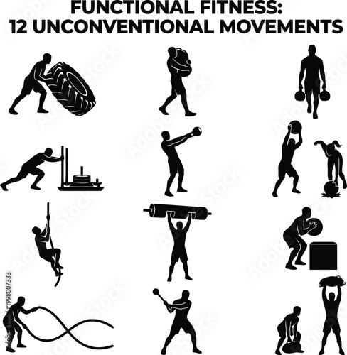 Set of silhouettes showing people performing functional fitness exercises and unconventional strength training movements for a healthy lifestyle