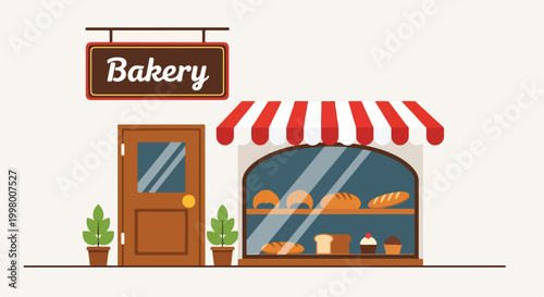 A cartoon bakery storefront with a sign