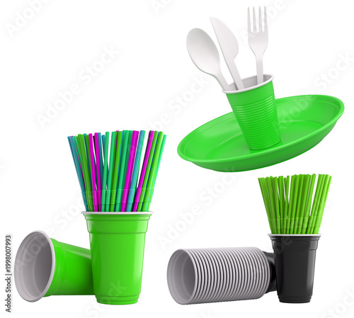 Multiple colorful plastic straws arranged in plastic cups isolated on white background, symbolizing party beverages