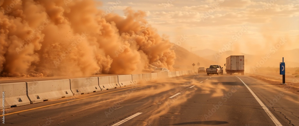 Obraz premium Massive dust storm rolling across a highway with driving vehicles. Severe weather haboob creating hazardous driving conditions and poor visibility on the road
