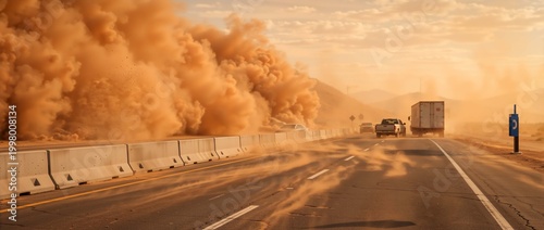 Massive dust storm rolling across a highway with driving vehicles. Severe weather haboob creating hazardous driving conditions and poor visibility on the road