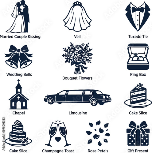 Set of wedding icons including bride and groom kissing, limousine, ring box, bouquet, cake, champagne toast, bells, and gift present elements