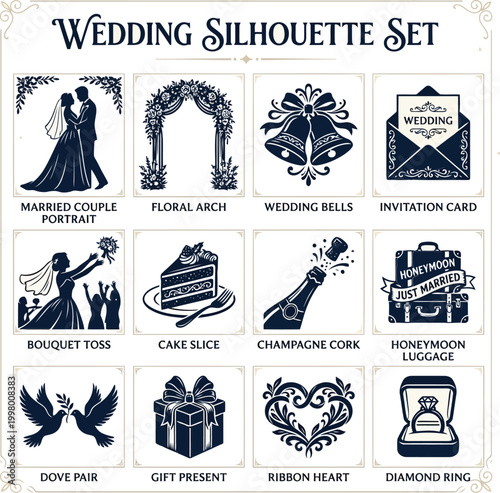 Set of black wedding silhouette icons including bride and groom, floral arch, bells, invitation, cake, champagne, luggage, doves, gift, heart and ring