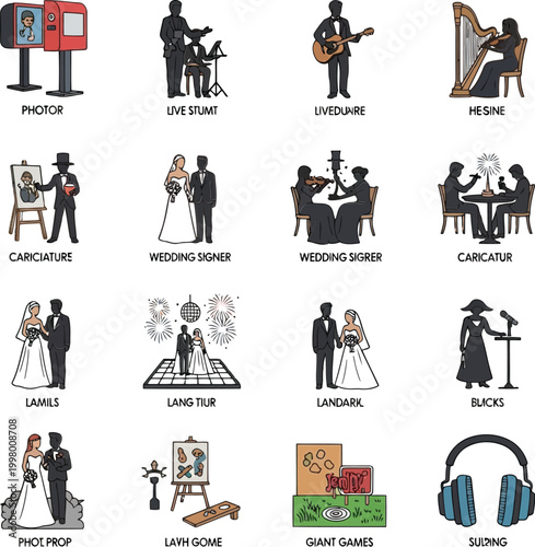 Set of wedding and event entertainment icons showing musicians performers caricaturists and photo booths for parties and receptions