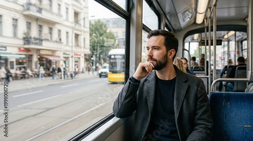 Man sitting on tram and thinking while looking out the window  