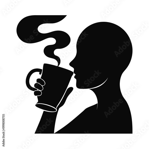 Minimalist coffee drinker silhouette vector, person drinking hot beverage from mug, black and white cafe profile icon for morning routine