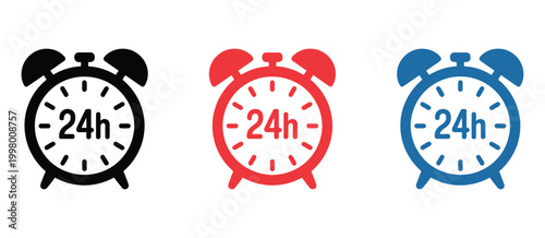 Alarm clock icon, multicolor time symbols, three clocks displaying 24 hour format, schedule reminder graphics, vector illustration