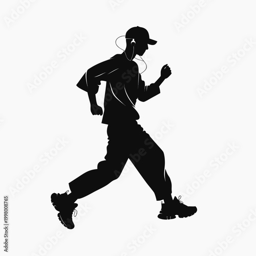 Minimalist silhouette of man walking fast, urban male figure in streetwear with headphones, person power walking for fitness and health