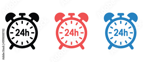 Alarm clock icon, colorful timepiece symbols, three clocks showing 24 hour format, schedule reminder concept, vector illustration