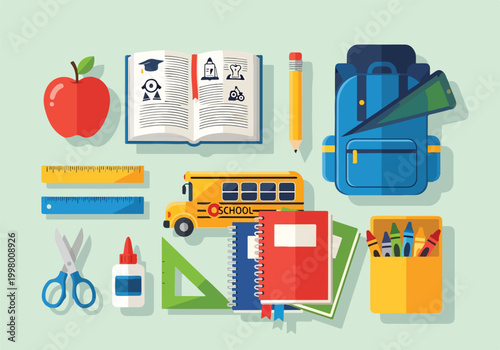 Colorful illustration of school supplies and a bus on a green background