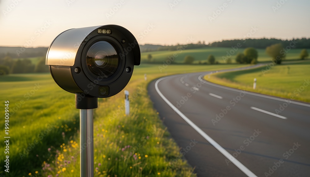 Obraz premium Modern speed camera in rural area monitoring a winding highway road for traffic safety and law enforcement concept with rolling green hills background during golden hour