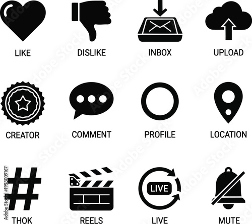 Set of twelve black social media interface icons including like dislike inbox upload creator comment profile location hashtag reels live and mute