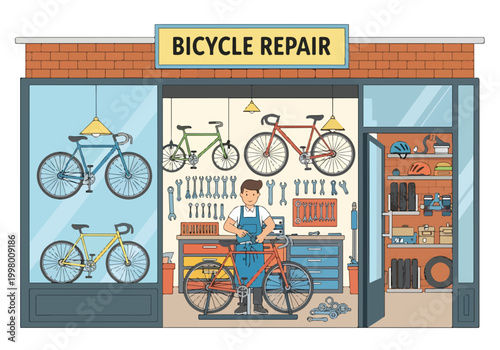 A cartoon bicycle repair shop with a mechanic working