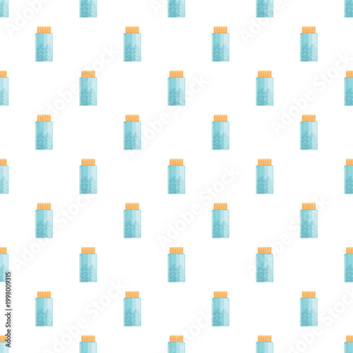 Pattern showing recurring medicine bottles filled with capsules on a white background