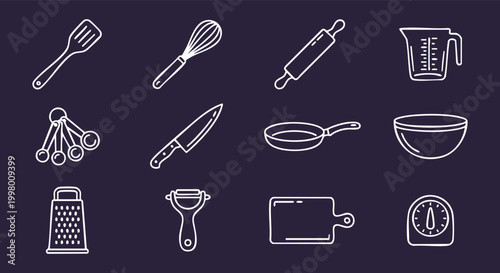 Kitchen Utensils and Cooking Tools outline Icon Set in Sticker Style