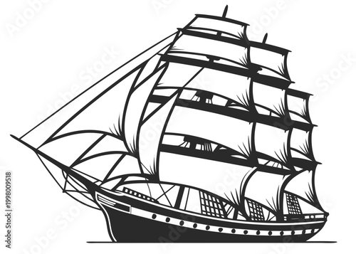 Black and white illustration of an old vintage sailing ship with many masts and sails isolated on transparent background