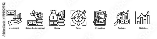 Investment Growth banner featuring investment,ROI,money,target,evaluating,analysis and statistics icons for financial success concept