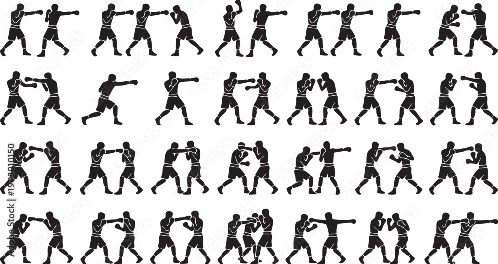 Fototapeta premium Boxing and Fighting Silhouettes Icon Set – Punching, Sparring Combat Poses Black Minimal Vector Collection.