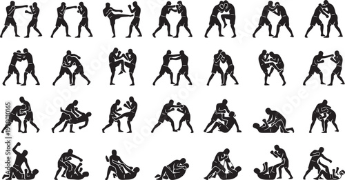 MMA Grappling and Fighting Silhouette Icon Set – Mixed Martial Arts Combat Poses Collection.