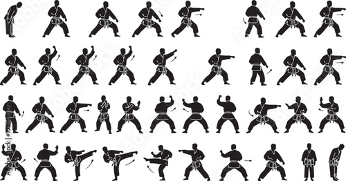 Karate Fighting Stances Silhouette Icon Set – Martial Arts Combat Pose Collection.