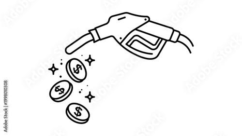 Gas Fees and Fuel Price Concept: A Minimalist Black Line Vector Icon Illustration of a Fuel Pump Nozzle with Falling Dollar Coins, Featuring an Editable Stroke for Customization on White.