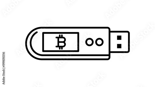 Bitcoin Hardware Wallet Minimalist Black Line Vector Icon on White Background; Cold Storage USB Device for Cryptocurrency Security with Editable Stroke, Adjustable Line Weight Illustration.