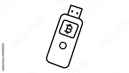 Hardware Wallet Vector Icon Illustration with Editable Stroke. Minimalist Black Line Art Representing a Small USB Device for Secure Bitcoin and Cryptocurrency Storage on White Background.