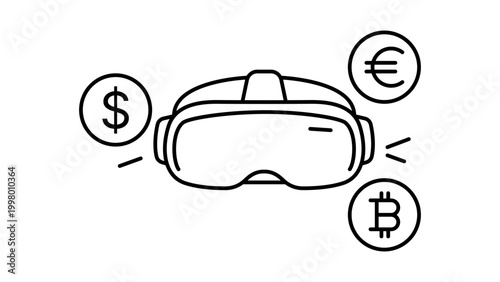 Metaverse Economy and Virtual Reality Commerce Concept: Minimalist Black Line Vector Icon of a VR Headset with Dollar, Euro, and Bitcoin Symbols, Editable Stroke Illustration for Digital Finance.