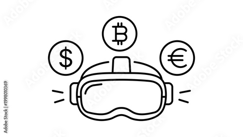 Metaverse Economy Vector Icon with VR Headset and Currency Symbols like Bitcoin, Dollar, and Euro. Minimalist Black Line Illustration with Editable Stroke for Digital Finance and Fintech.