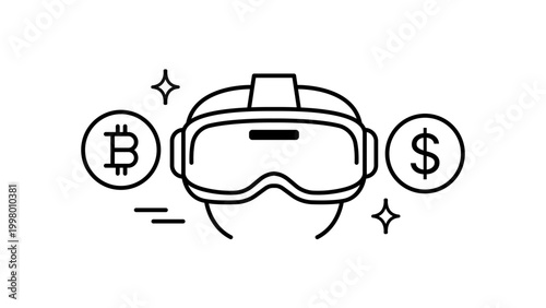 Metaverse Economy and Virtual Reality Finance Vector Icon featuring VR Headset, Bitcoin, and Dollar Sign. Minimalist Black Line Illustration with Editable Stroke for Digital Currency and Web3.