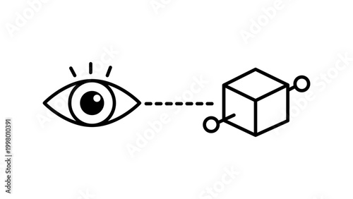 Fotografie Minimalist Black Line Vector Icon of an Eye Observing a 3D Cube with Nodes, Representing Data Analysis, Vision, and Blockchain Monitoring