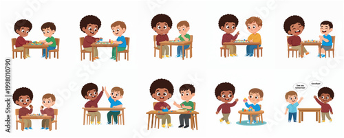 Diverse Little Boys Playing Together Vector Illustration Set, Kids Playing Board Games, Building Blocks, and High Fiving