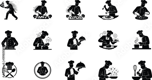 Chef cooking chopping tasting serving presenting food preparation culinary teamwork kitchen restaurant professional cuisine illustration black white vector