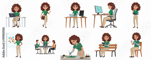 Set of Business Woman Character Illustrations with Prosthetic Arm Working in Office and Technology Environments