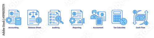 Accounting System banner with accounting,balance sheet,auditing,reporting,tax calculation and cash flow icons for corporate finance concept