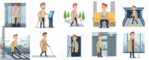 Cartoon set of a blind man using a smart cane for navigation in various city locations, highlighting accessibility and assistive technology for the visually impaired.