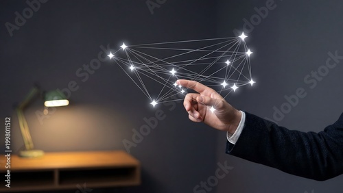 Professional's hand interacting with a glowing digital network representing global connections, data management, and futuristic technology solutions in a dark, sophisticated environment