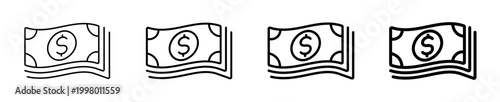 Dollar bank note cash money linear icon collection design. Editable vector stroke icons