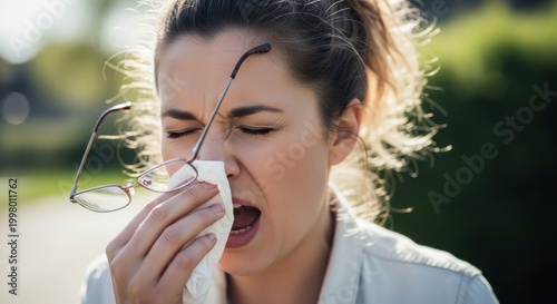 Woman sneezing into paper tissue outdoors. Allergy sufferer with glasses in hand having seasonal cold or rhinitis symptoms. Healthcare concept for viral illness, pollen and flu season.